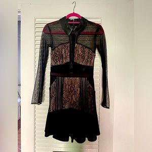 Self-Portrait Dress with Lace Mesh and Leather Collar